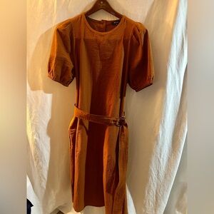 Madewell Warm Nutmeg Seersucker Belted Midi Dress Puff Sleeve XL